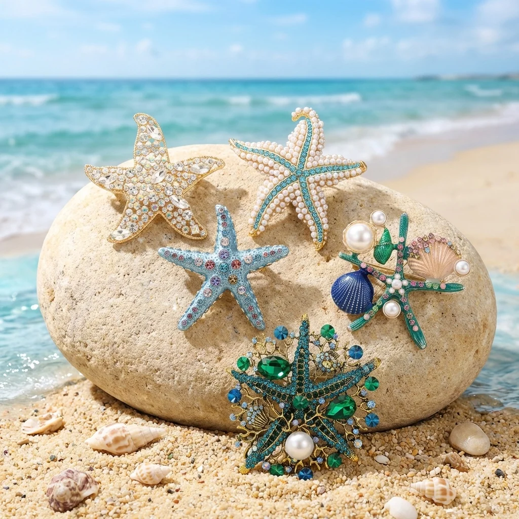 Stylish Rhinestone Starfish Brooches for Women Unisex Enamel Marine Life Pins Office Party Friend New Gifts Jewelry Accessories