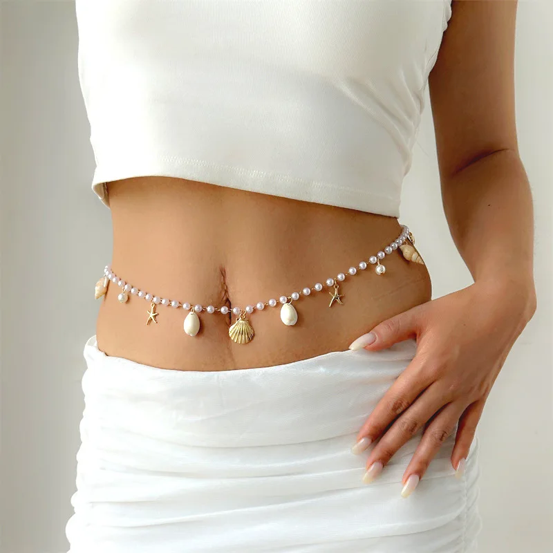 New Bohemian Pearl Shell Waist Chain Stylish Elegant Body Chain Women's Sexy Beach Vacation Summer Waist Jewelry Accessories