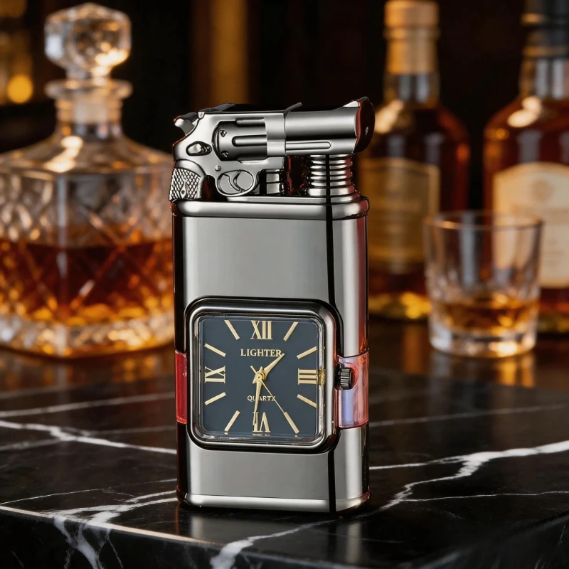 Retro Black Pistol Design Novelty Lighter, Stylish Gun Shaped Butane Lighter, Exquisite Smoking Gift Without Gas