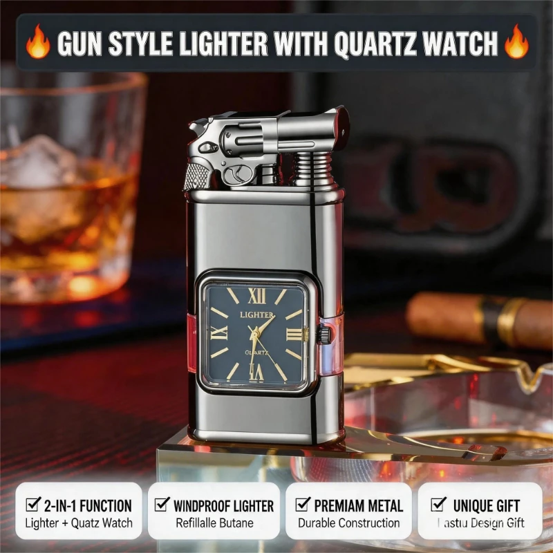 Retro Black Pistol Design Novelty Lighter, Stylish Gun Shaped Butane Lighter, Exquisite Smoking Gift Without Gas