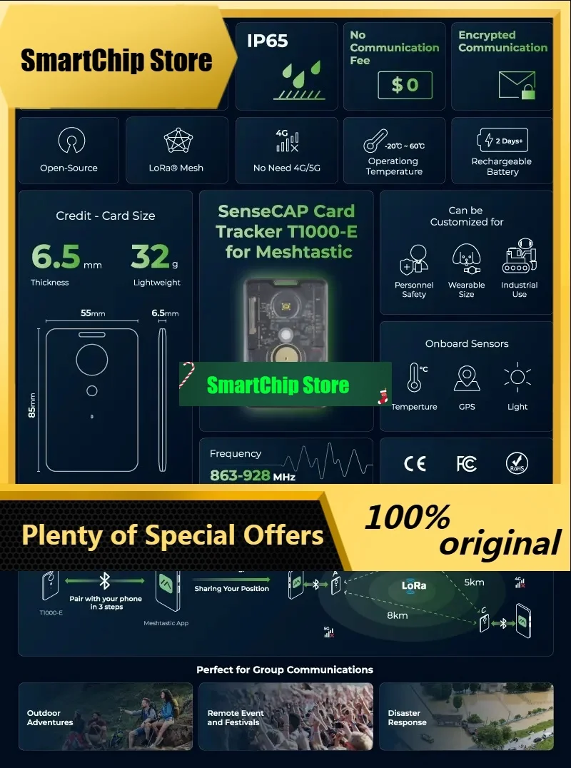 SmCpMeshtastic 868mhz Location Tracking MeshCore Lora SenseCAP T1000E Card Tracker 915mhz Antenna GPS NRF52840 IP65,BLE 5.0