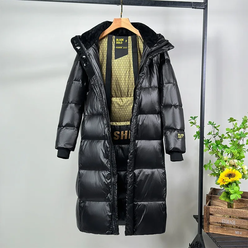 Winter Black Hooded Down Jacket Women's Mid-Length White Duck Down Coat Warm Thick Windproof Trench Coat Long Sleeve Snow Jacket