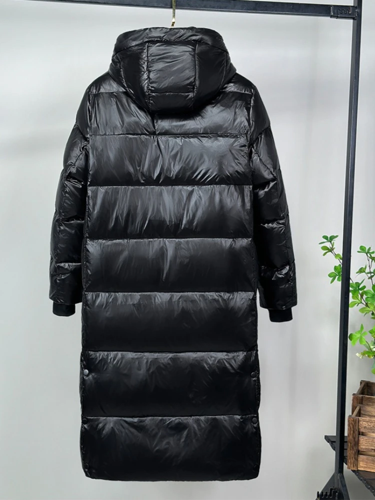 Winter Black Hooded Down Jacket Women's Mid-Length White Duck Down Coat Warm Thick Windproof Trench Coat Long Sleeve Snow Jacket