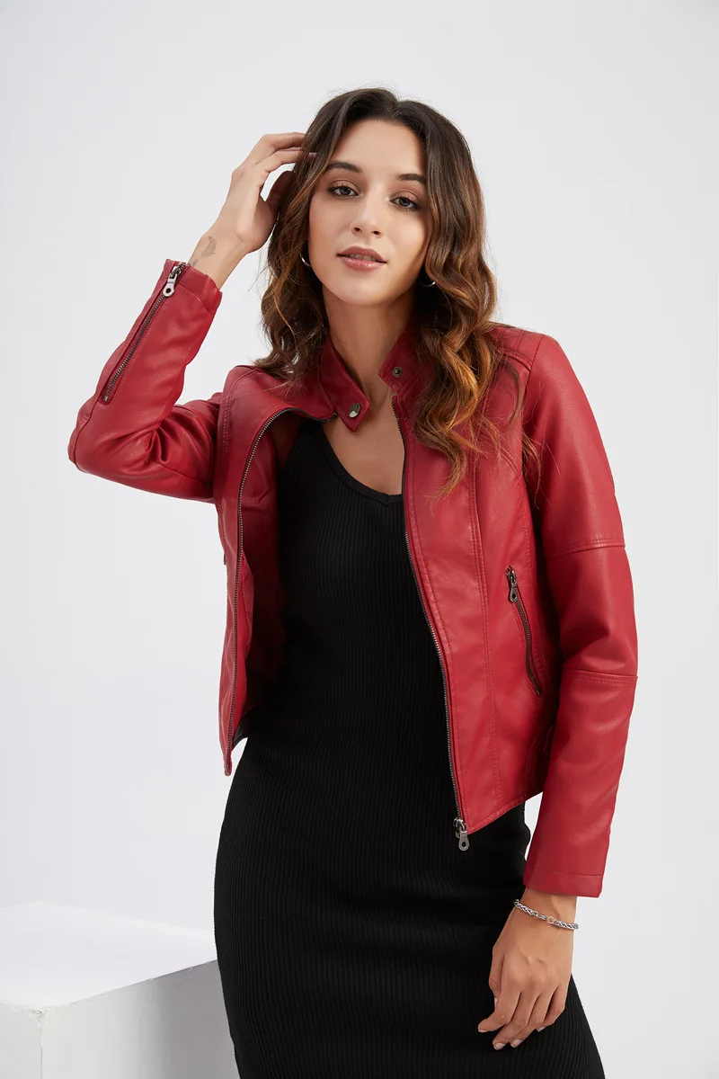 Women's Leather Jacket Women's Slim-Fit Jacket Thin Autumn Jacket Women's Biker Jacket Large Size Standing Collar Leather Jacket