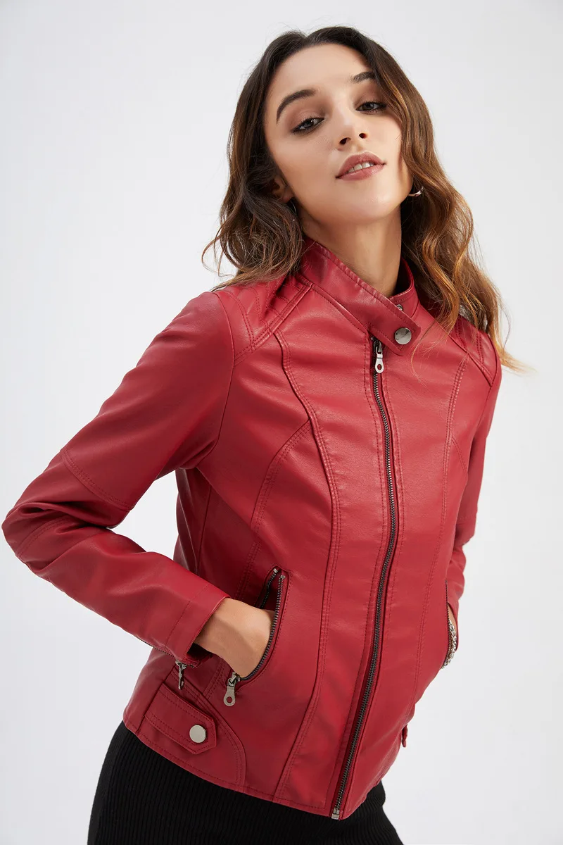Women's Leather Jacket Women's Slim-Fit Jacket Thin Autumn Jacket Women's Biker Jacket Large Size Standing Collar Leather Jacket