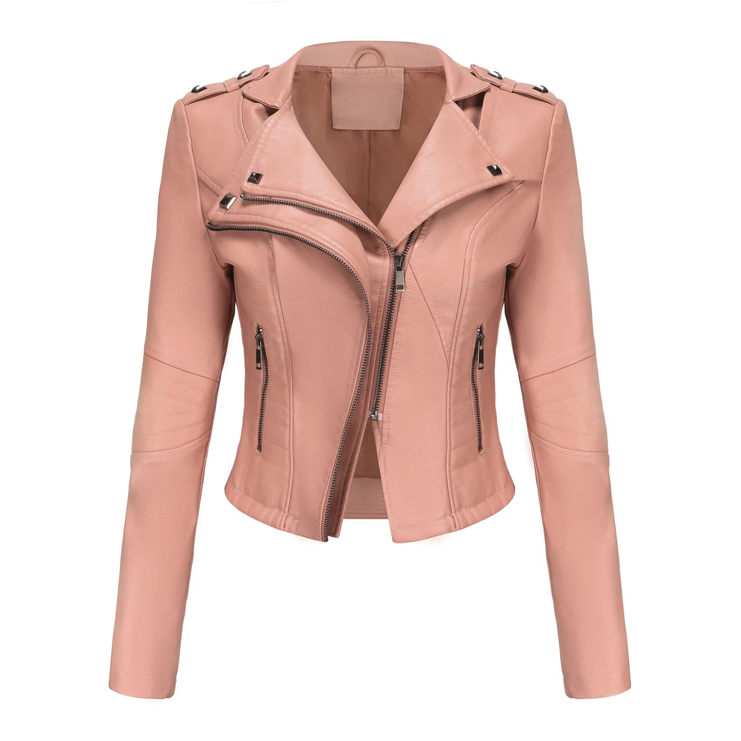 Women's Fitted Long-Sleeved Leather Jacket Riveted Trendy Short Coat Zipper Design Spring Autumn New