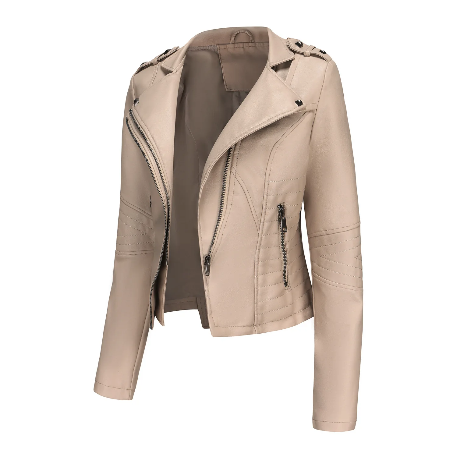 Women's Fitted Long-Sleeved Leather Jacket Riveted Trendy Short Coat Zipper Design Spring Autumn New
