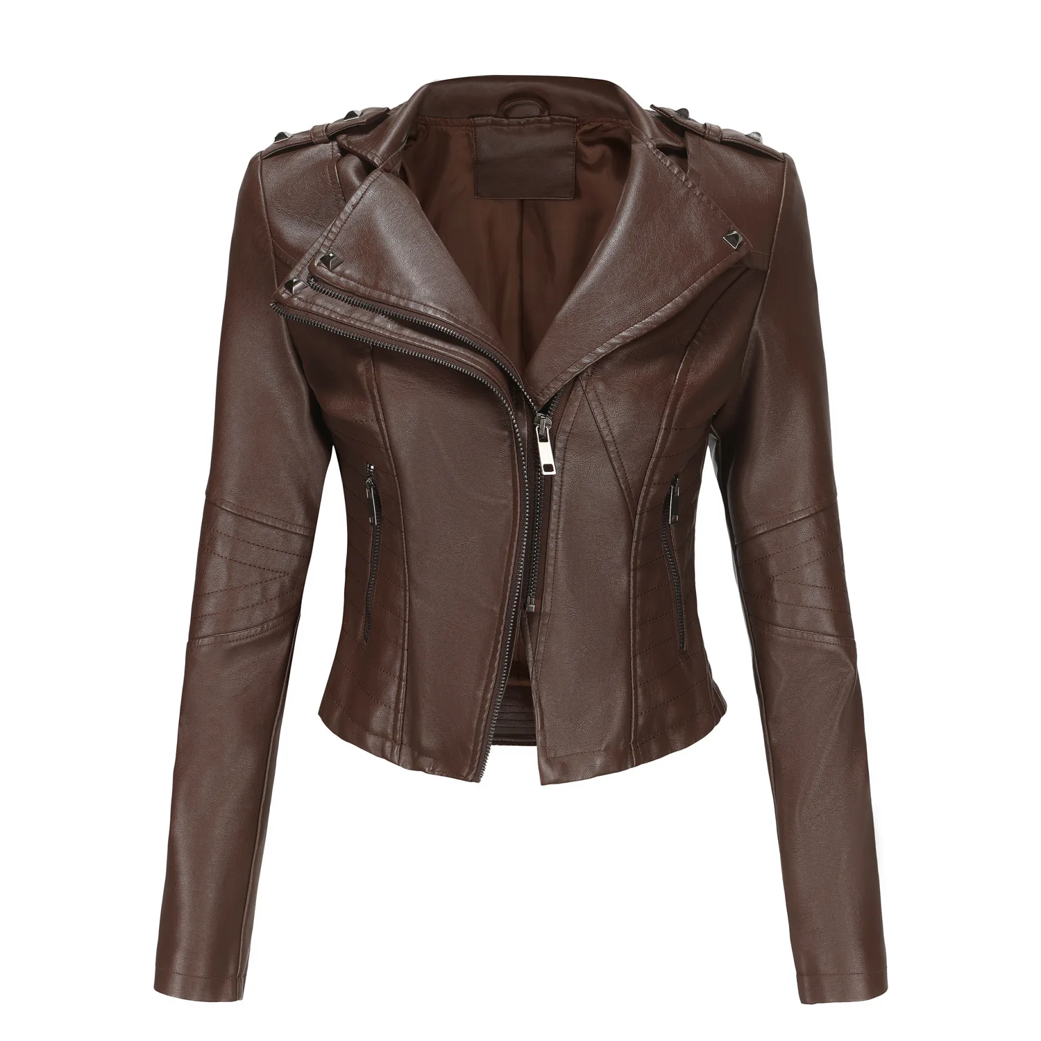 Women's Fitted Long-Sleeved Leather Jacket Riveted Trendy Short Coat Zipper Design Spring Autumn New