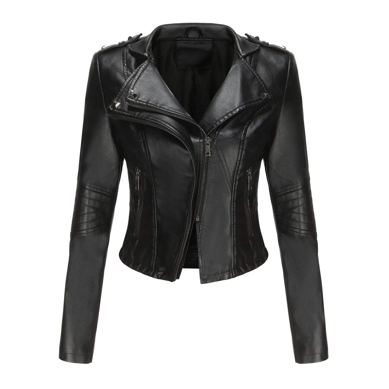 Women's Fitted Long-Sleeved Leather Jacket Riveted Trendy Short Coat Zipper Design Spring Autumn New