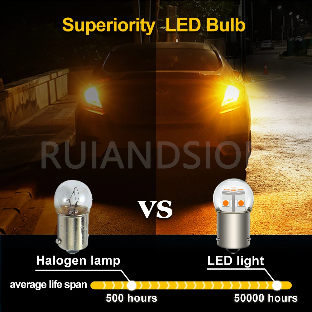 RUIANDSION BAU15S RY10W LED Turn Signal Light Yellow PY21W Tail Brake Lamp White Red 6-30V for Car Motorcycle SUV Universal