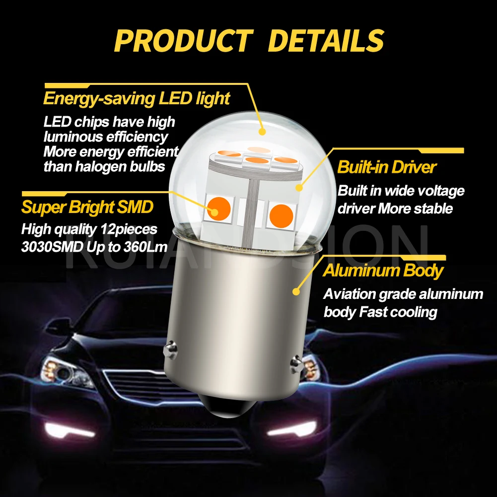 RUIANDSION BAU15S RY10W LED Turn Signal Light Yellow PY21W Tail Brake Lamp White Red 6-30V for Car Motorcycle SUV Universal