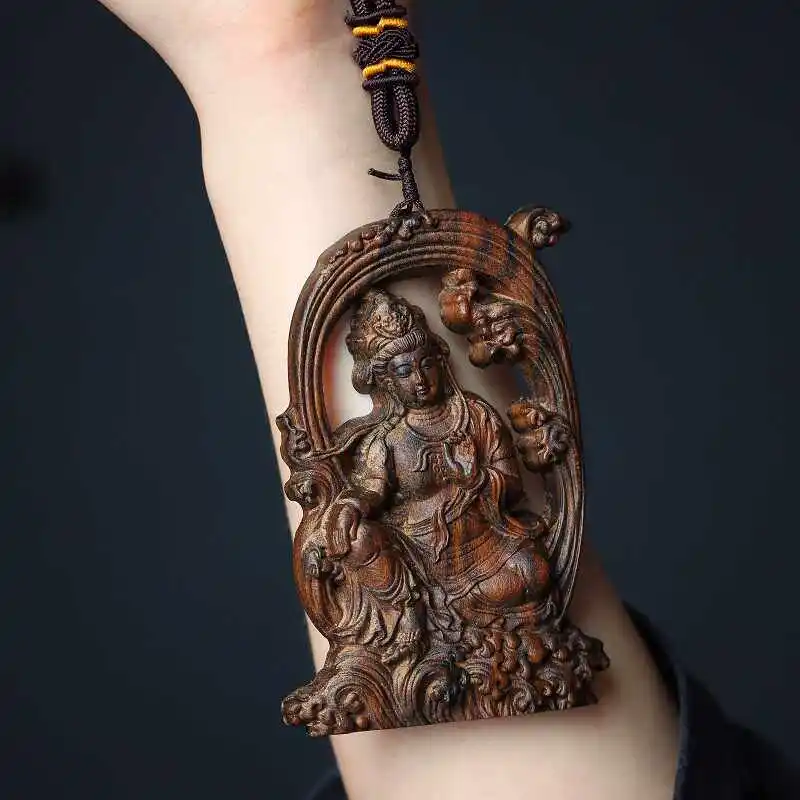 Cz agarwood hollow water moon guanyin agarwood carved guanyin bodhisattva buddha amulet