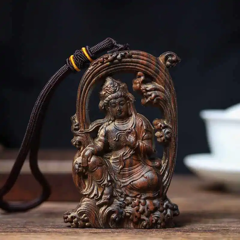 Cz agarwood hollow water moon guanyin agarwood carved guanyin bodhisattva buddha amulet