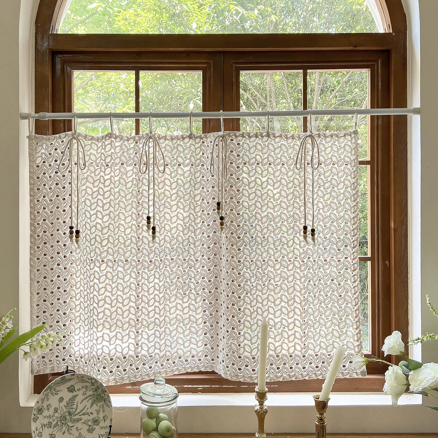 Tab Top Retro Hollow Leaves Lace Short Curtian for kitchen, Cafe, Cupboard, Bathroom 1 Panel Home Decoration