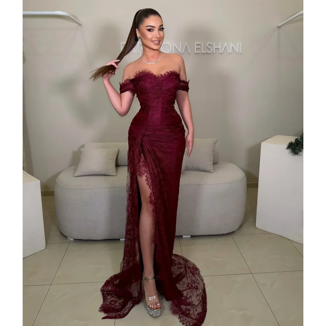 Burgundy Lace Evening Dresses Side Slit Long Sleeves Mermaid Prom Dress with Gloves Chic Party Gown Gala Vestidos Customized