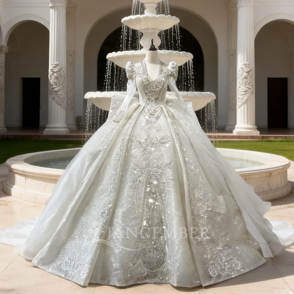 Classic Lace Shine Wedding Dresses New Sequined Ball Gown Long-Sleeve Plus Size Court Train Bridal Gowns Dress Customized XS107