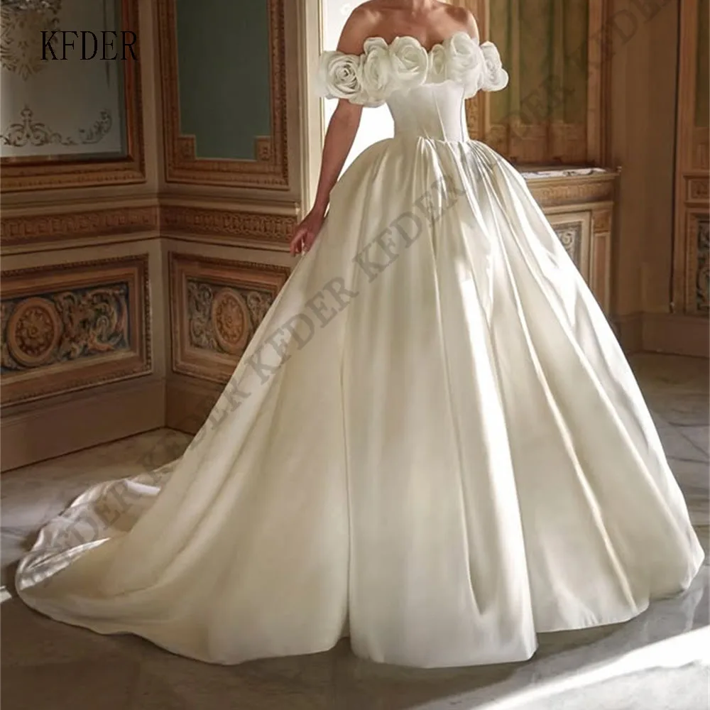 Princess Flowers A-line Wedding Dress Satin Off Shoulder Bridal Dress Women's Wedding Dresses Gowns Customization