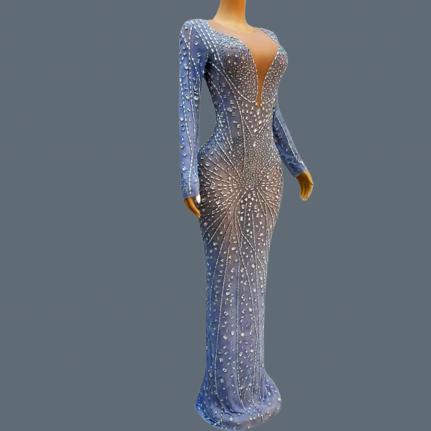 Blue Silver Rhinestone Mermaid Evening Gown Sheer Mesh Formal Dress Women Prom Gala Red Carpet Wedding Guest Party Outfit Yanhua