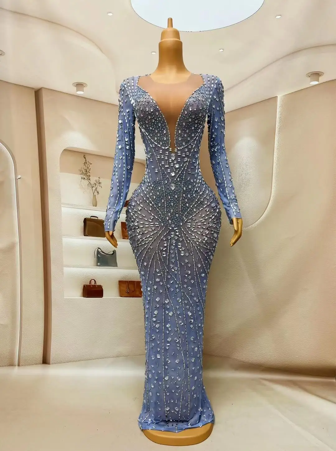 Blue Silver Rhinestone Mermaid Evening Gown Sheer Mesh Formal Dress Women Prom Gala Red Carpet Wedding Guest Party Outfit Yanhua