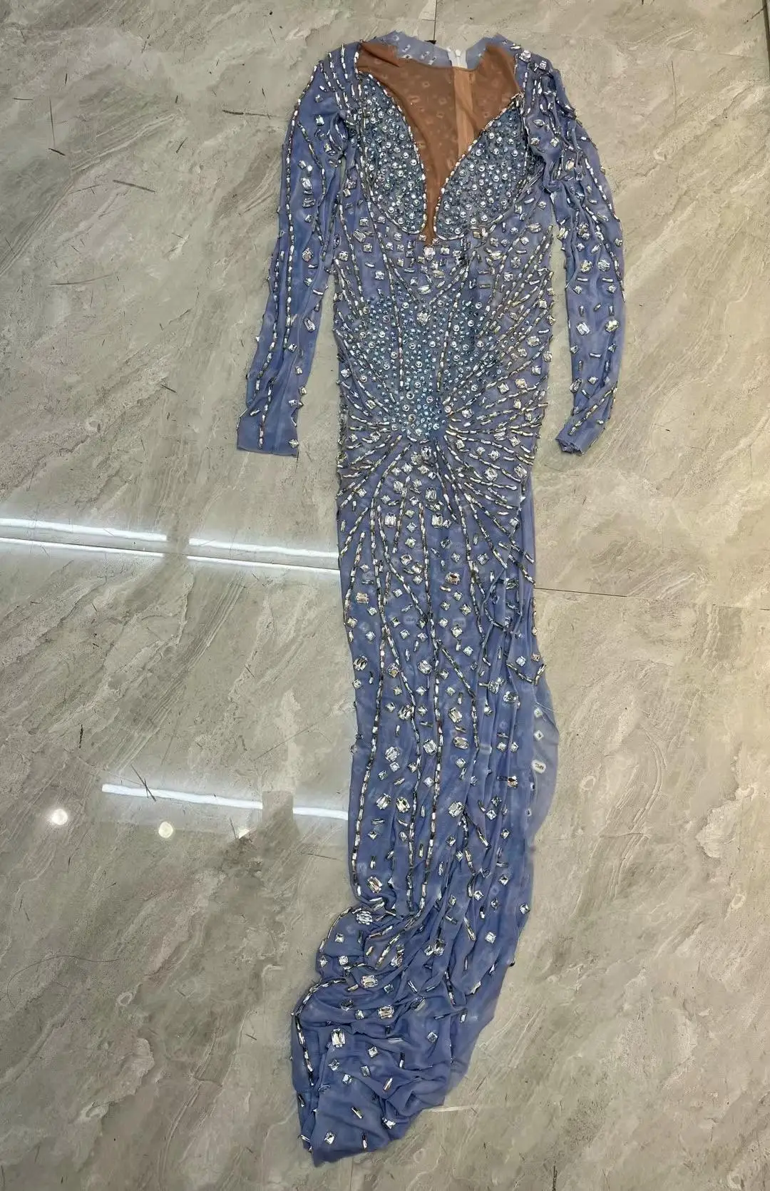 Blue Silver Rhinestone Mermaid Evening Gown Sheer Mesh Formal Dress Women Prom Gala Red Carpet Wedding Guest Party Outfit Yanhua