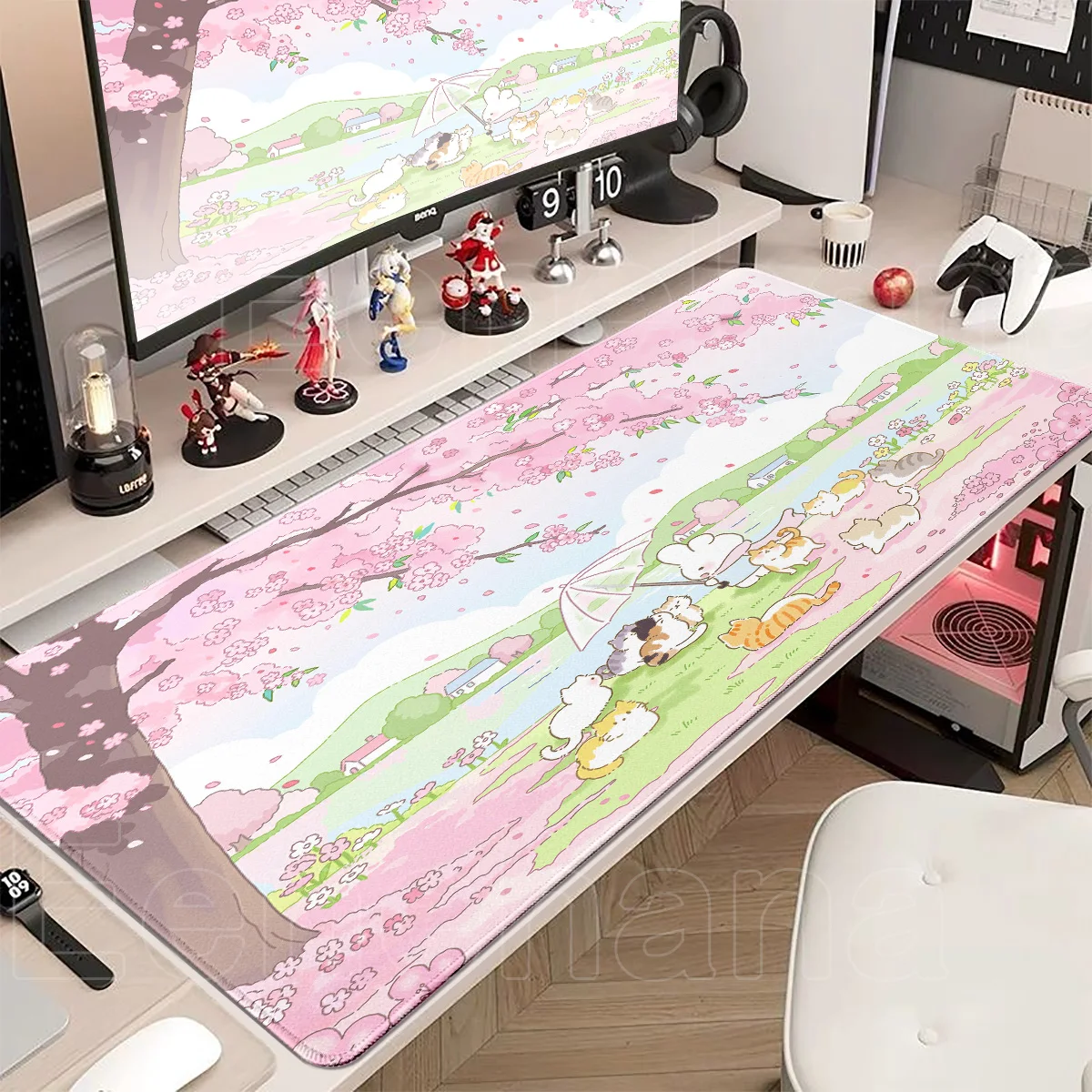 Spring Cute Rabbit Mouse Pad Large Gaming Pink Bunny XXL Laptop Kawaii Flower DeskMat Gamer Keyboard Non-slip Office Accessories