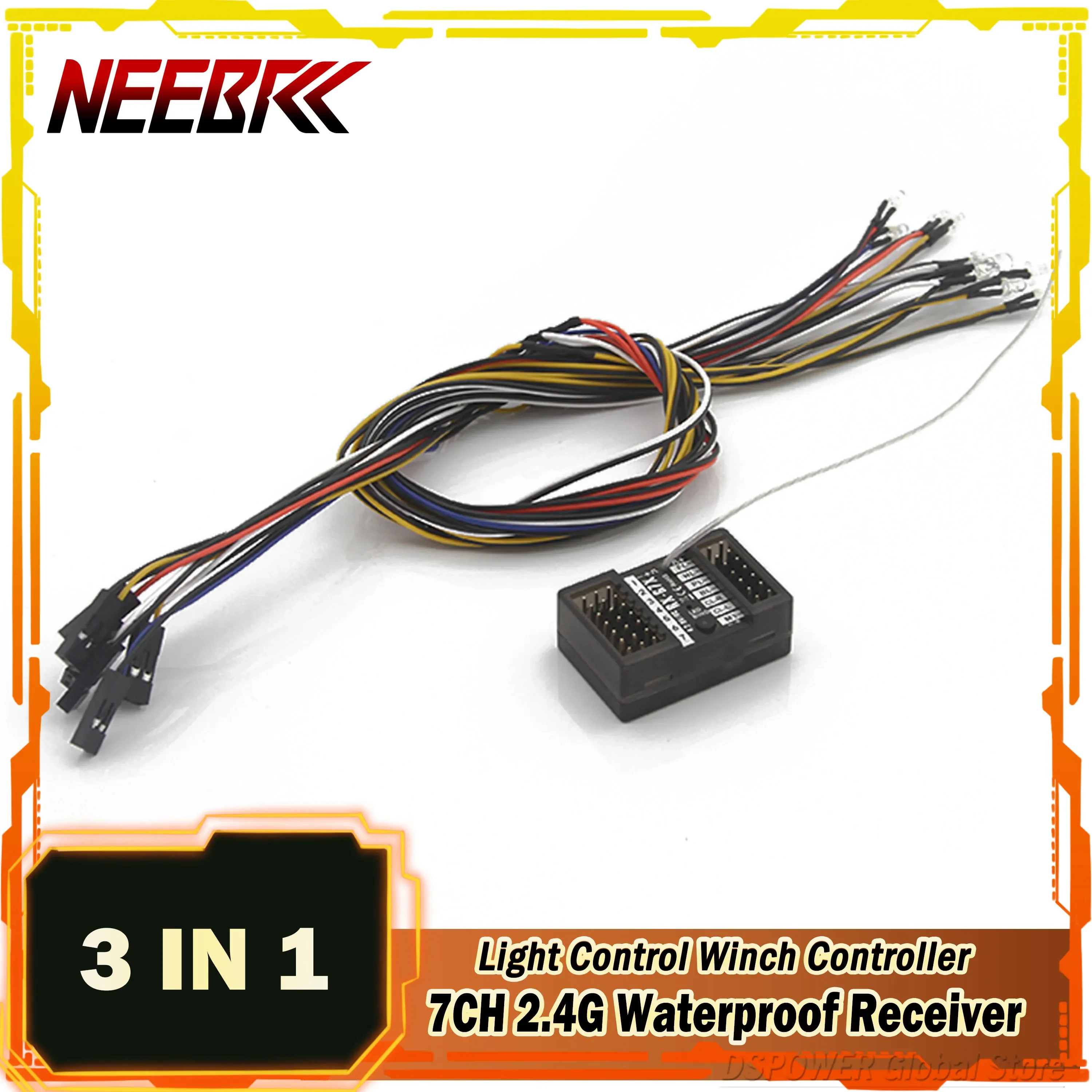 NEEBRC 7CH 2.4G 3 in 1 Light Control Winch Controller Receiver Waterproof Radio System 12LED Lamp Light for RC Car Tank Boat Toy