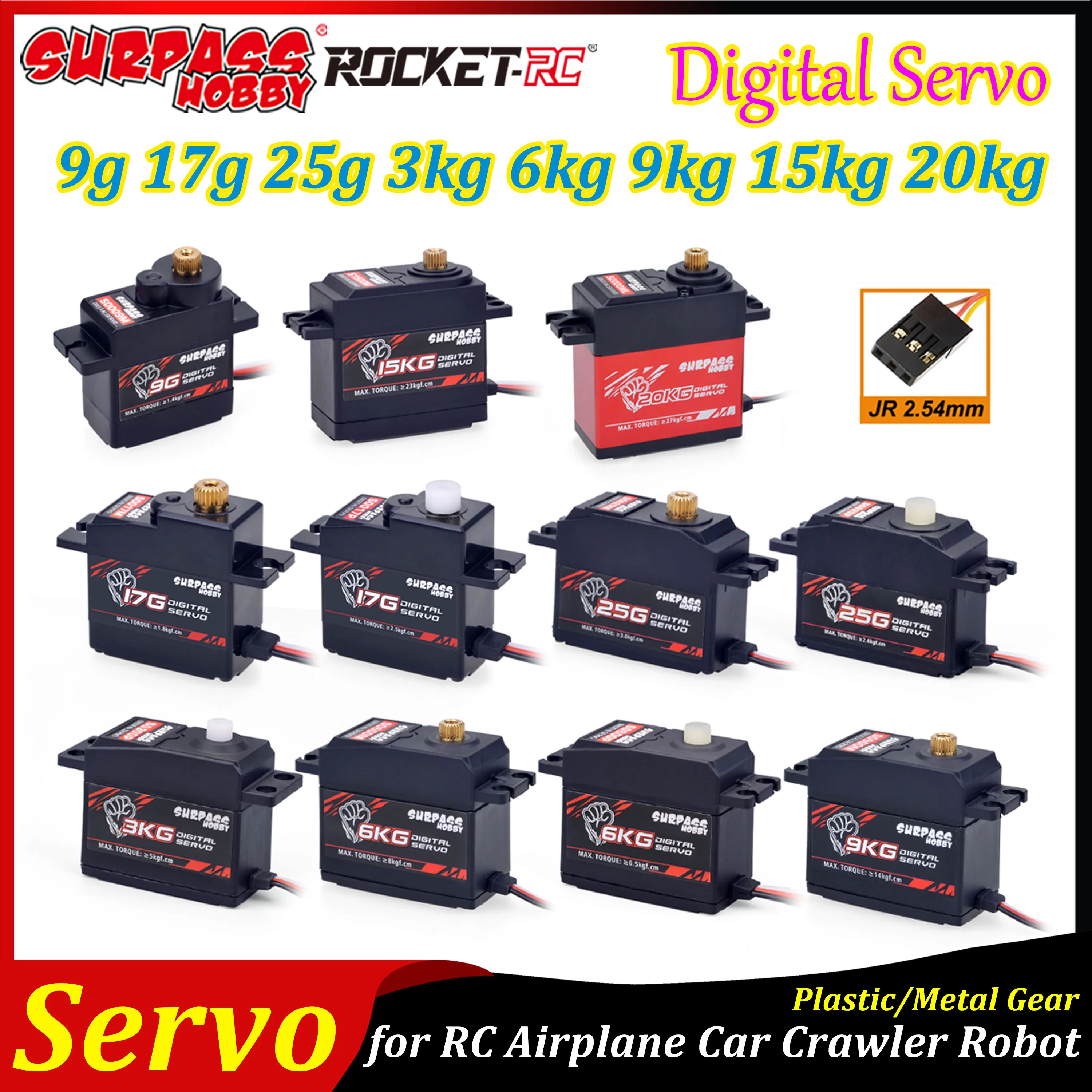 Surpass Hobby Digital Servo 9g 17g 25g 3kg 6kg 9kg 15kg 20kg Plastic/Metal Gear Servos for RC Airplane Car Crawler Robot Glider