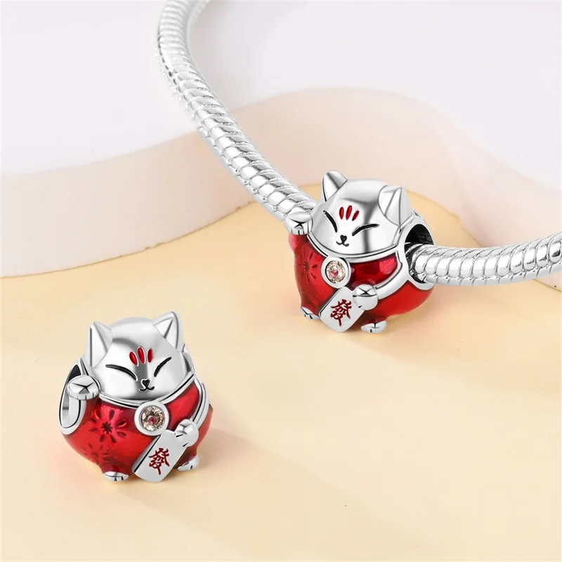 925 Sterling Silver New Year Cat Charms Beads CZ Zircon Dangle Fit 3mm Original Bracelet DIY Women Party Jewelry Gifts