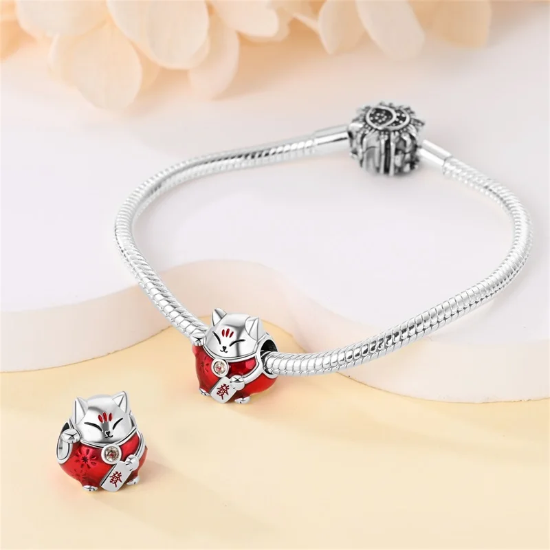 925 Sterling Silver New Year Cat Charms Beads CZ Zircon Dangle Fit 3mm Original Bracelet DIY Women Party Jewelry Gifts