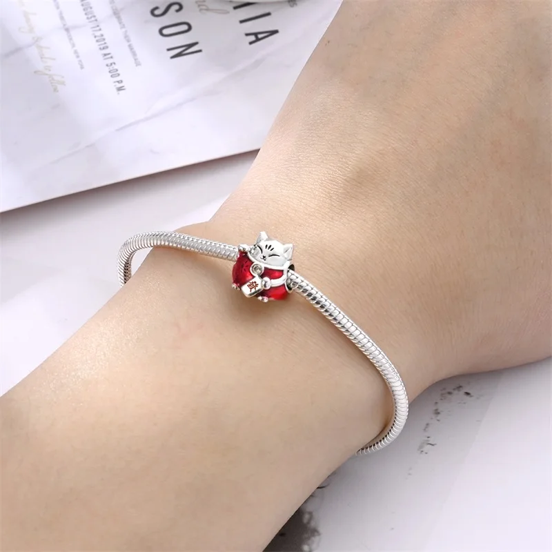 925 Sterling Silver New Year Cat Charms Beads CZ Zircon Dangle Fit 3mm Original Bracelet DIY Women Party Jewelry Gifts