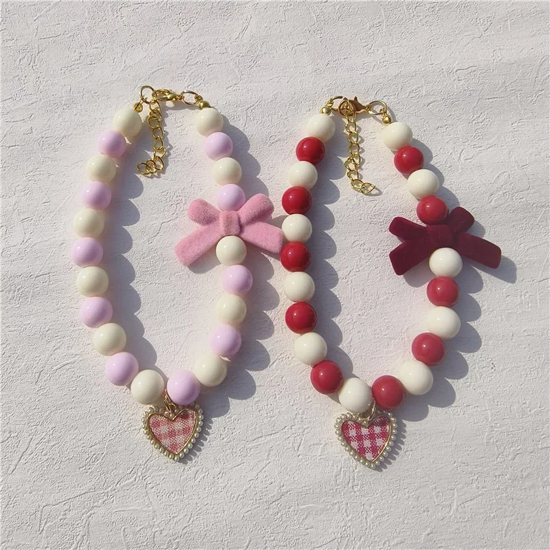 Vintage Bow Cat Collar Pearl Love Crystal Pendant Diamond Neck Ornament Cute Pet Accessories Cat Necklace Dog Grooming Supplies
