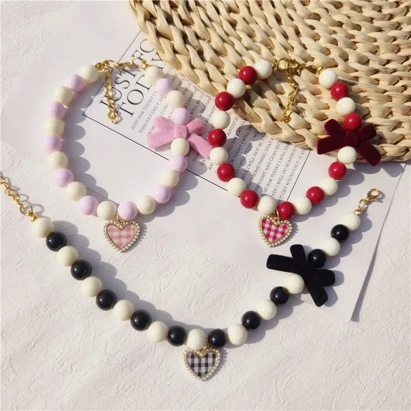 Vintage Bow Cat Collar Pearl Love Crystal Pendant Diamond Neck Ornament Cute Pet Accessories Cat Necklace Dog Grooming Supplies