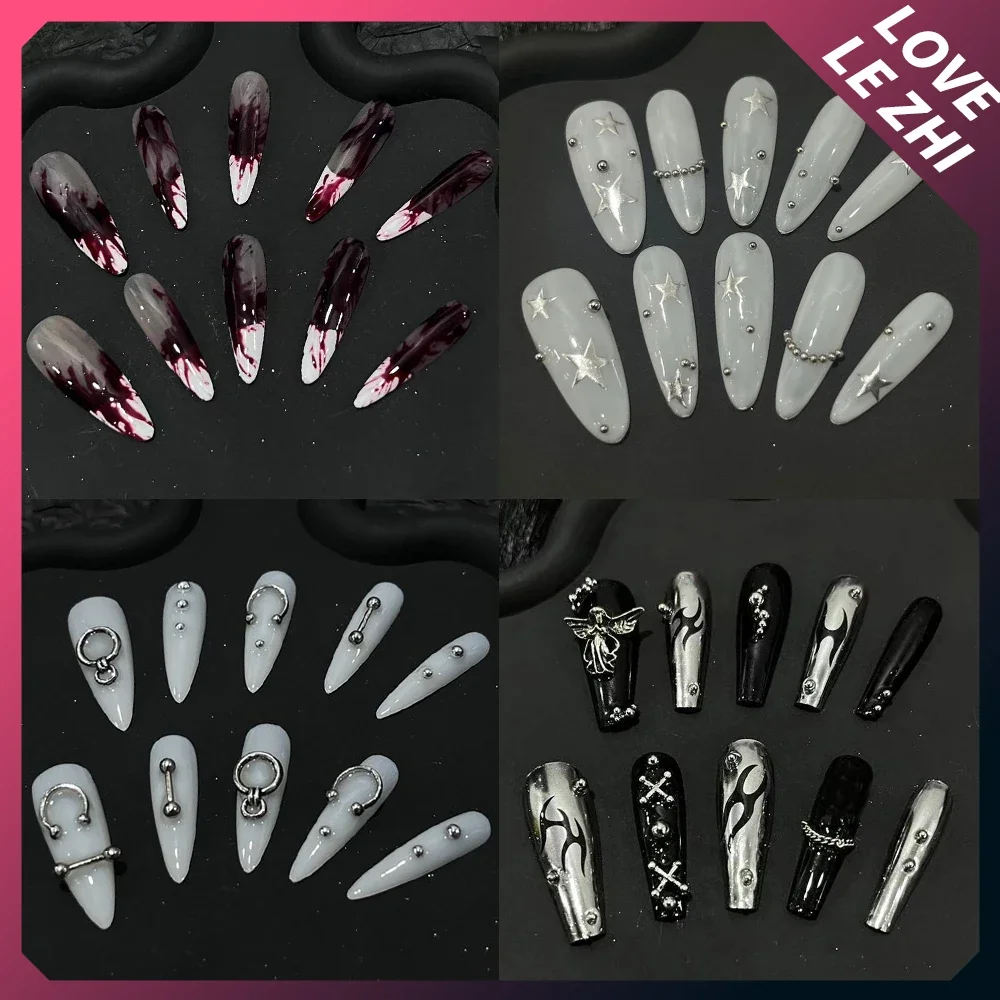 Spice Girls Gothic Handmade Long Coffin Stilettos Fake Nails Metal Angel Chain Steel Balls Stars Cat Eyes Diamond Press On Nails