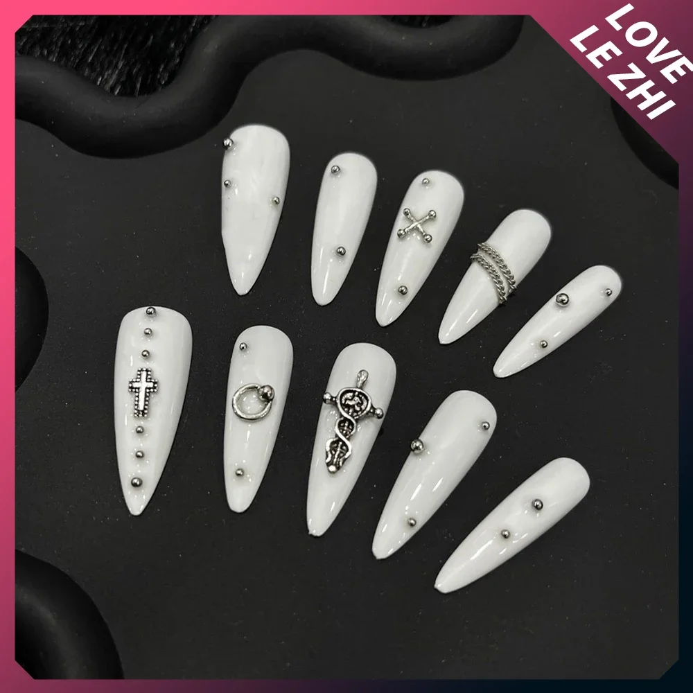 Spice Girls Gothic Handmade Long Coffin Stilettos Fake Nails Metal Angel Chain Steel Balls Stars Cat Eyes Diamond Press On Nails