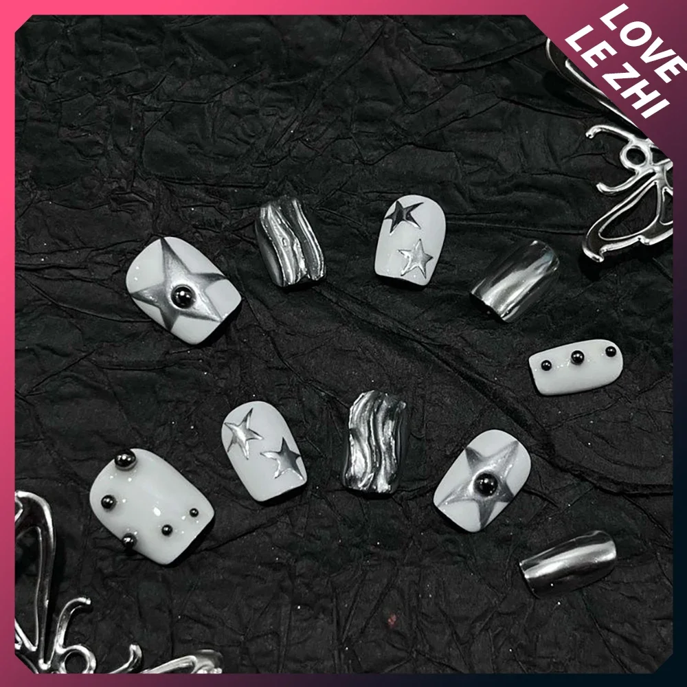 Spice Girls Gothic Handmade Long Coffin Stilettos Fake Nails Metal Angel Chain Steel Balls Stars Cat Eyes Diamond Press On Nails