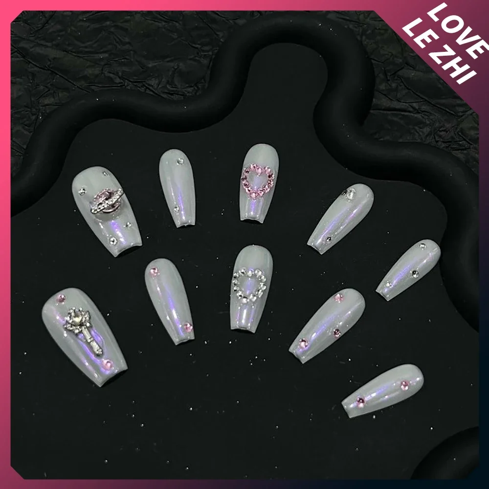 Spice Girls Gothic Handmade Long Coffin Stilettos Fake Nails Metal Angel Chain Steel Balls Stars Cat Eyes Diamond Press On Nails