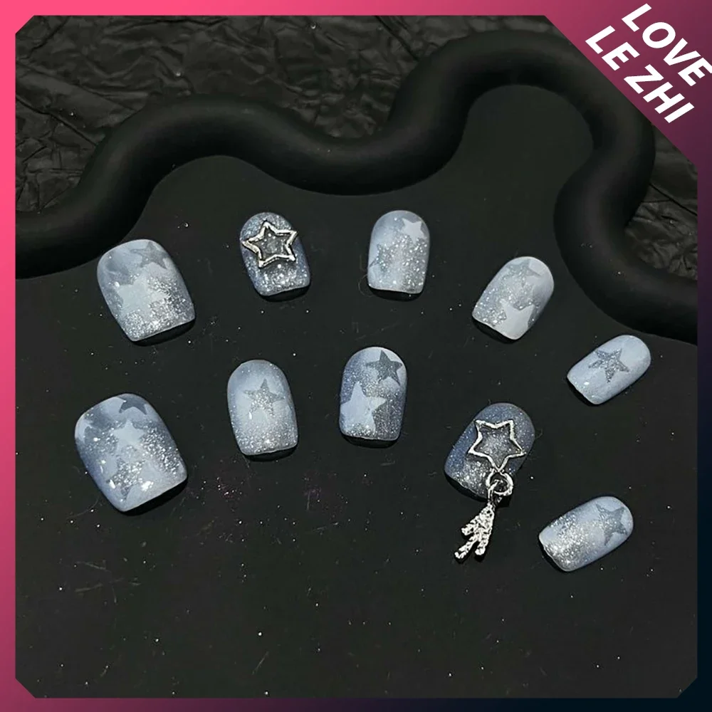 Spice Girls Gothic Handmade Long Coffin Stilettos Fake Nails Metal Angel Chain Steel Balls Stars Cat Eyes Diamond Press On Nails