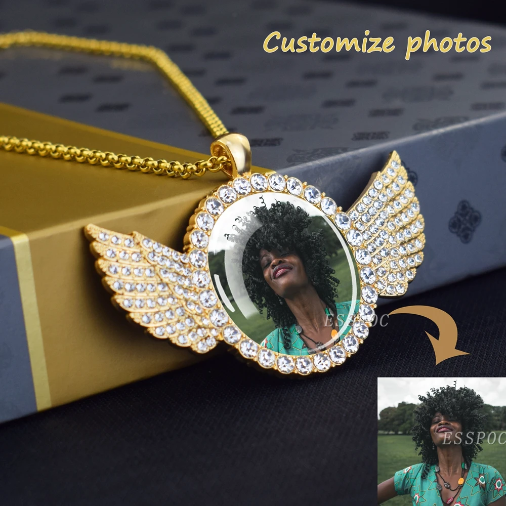 DHQH Customized Picture Necklace Personalized Photo Angel Wings Water Diamond Pendant Necklace Creative Fashion Hip Hop Jewelry