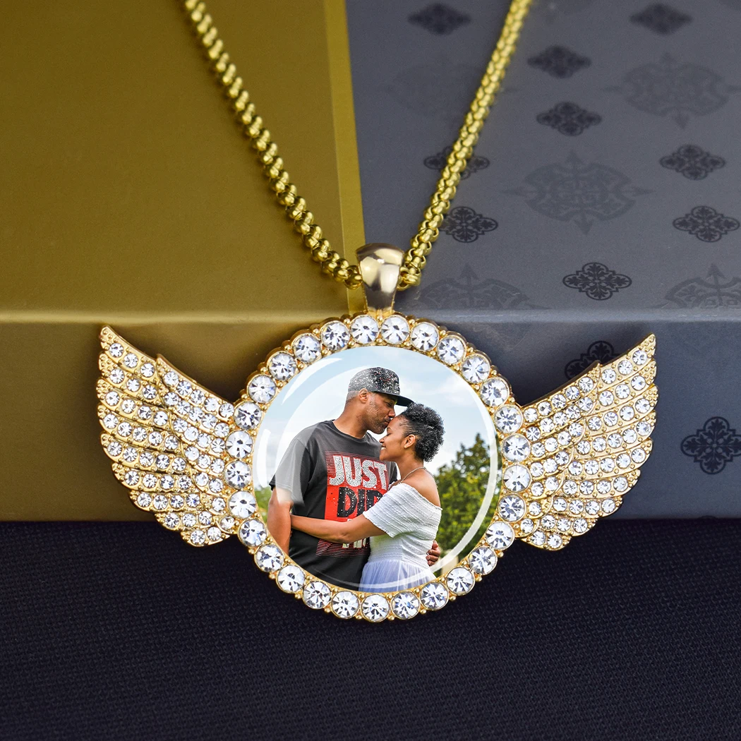 DHQH Customized Picture Necklace Personalized Photo Angel Wings Water Diamond Pendant Necklace Creative Fashion Hip Hop Jewelry