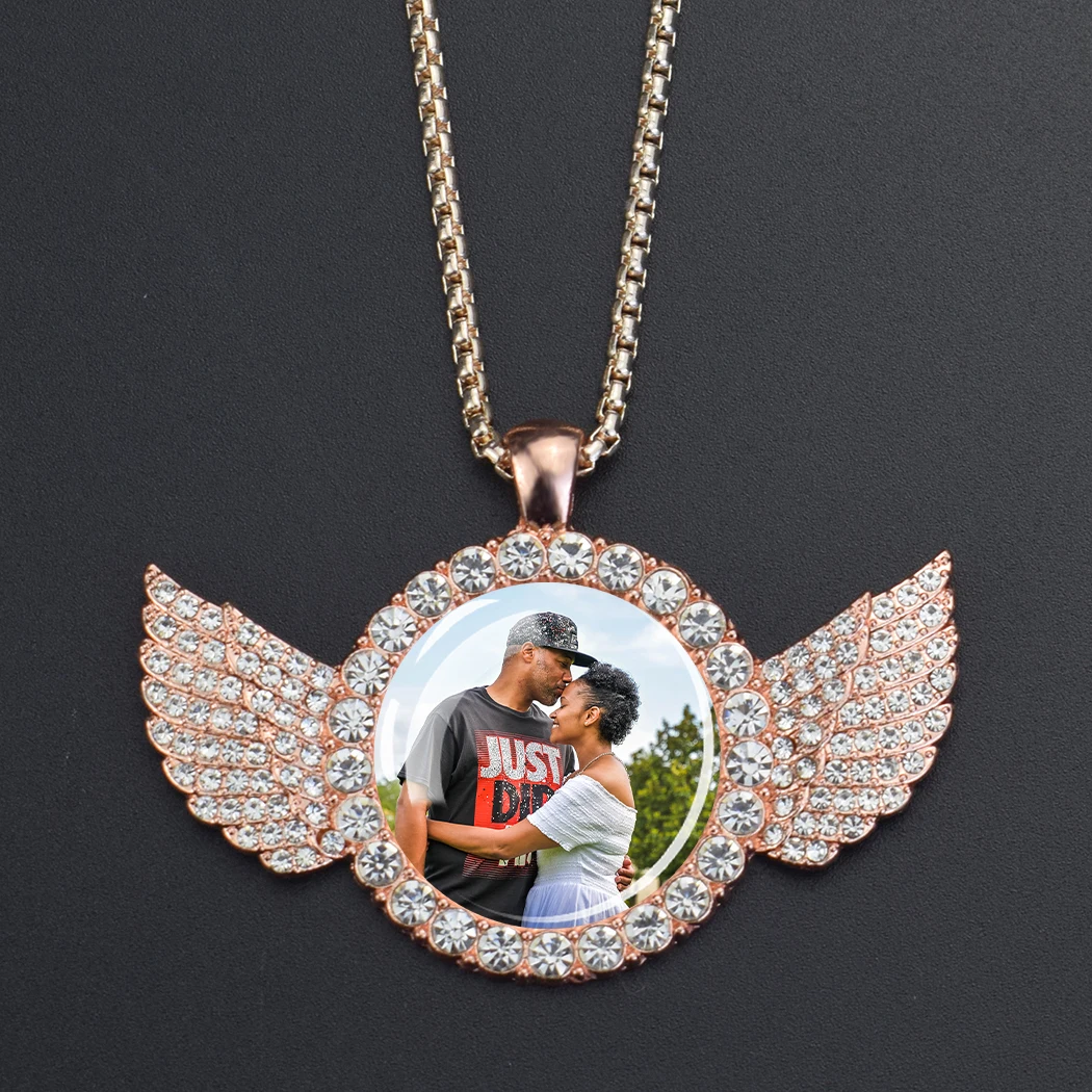 DHQH Customized Picture Necklace Personalized Photo Angel Wings Water Diamond Pendant Necklace Creative Fashion Hip Hop Jewelry
