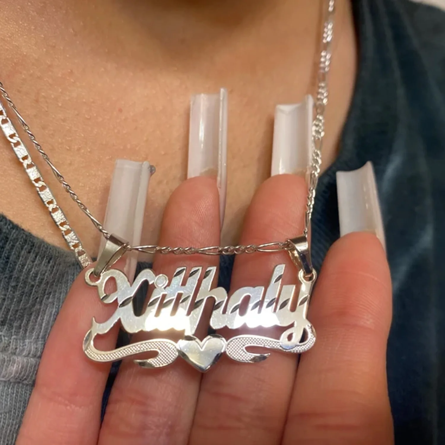 Zciti Custom Nameplate, Cursive Nameplate Necklace, Diamond cut Finish, Underlining Middle Heart Name,  Jewelry Gift For Women
