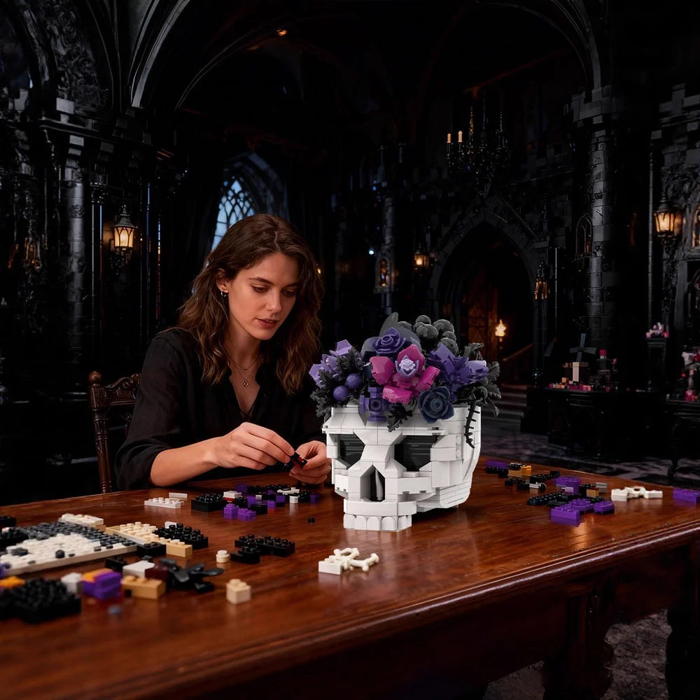 Flower of the Dead Halloween Ghost Skull Rose Flower Bride Home Decoration Ornament Building Blocks Toy Gift