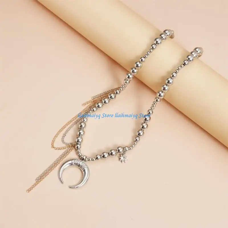 573B Modern Adjustable Moon Charm Necklace Mixed Round Beads Layering Chain Daily Jewelry