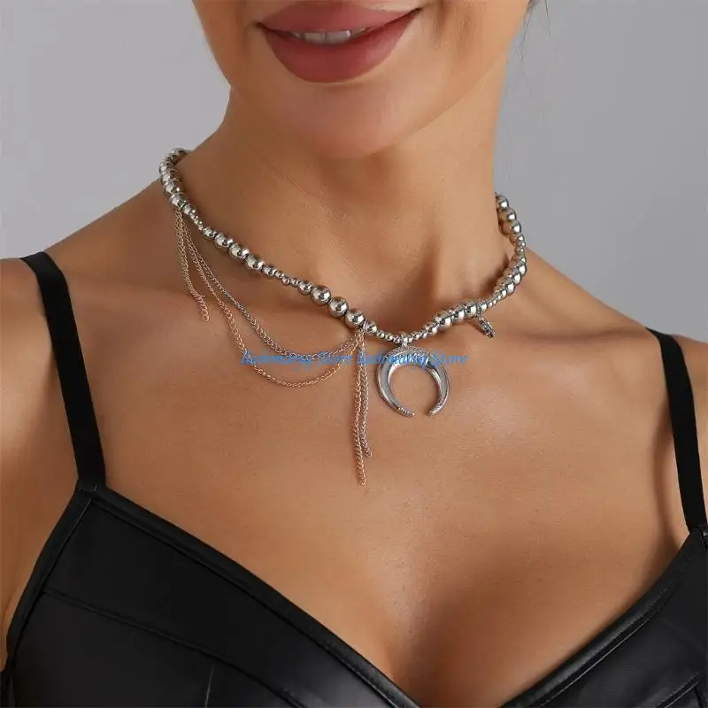 573B Modern Adjustable Moon Charm Necklace Mixed Round Beads Layering Chain Daily Jewelry
