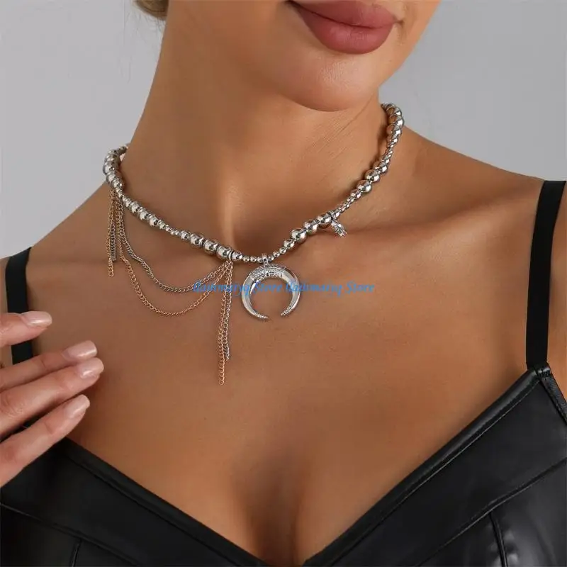 573B Modern Adjustable Moon Charm Necklace Mixed Round Beads Layering Chain Daily Jewelry