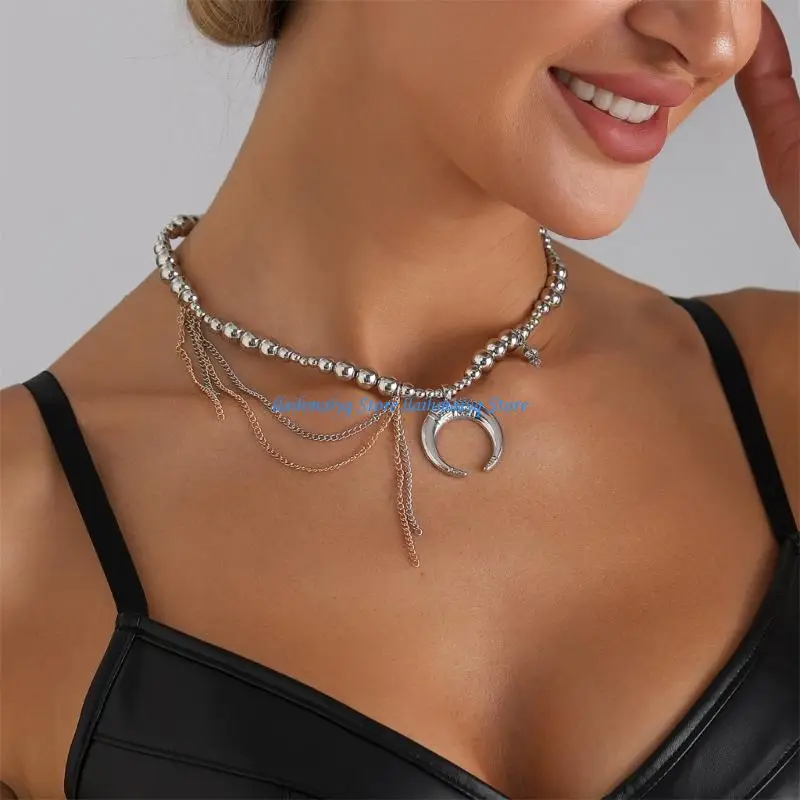 573B Modern Adjustable Moon Charm Necklace Mixed Round Beads Layering Chain Daily Jewelry