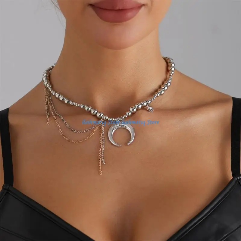 573B Modern Adjustable Moon Charm Necklace Mixed Round Beads Layering Chain Daily Jewelry