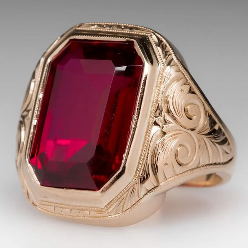 Classic men's gold ring set with red crystal stylish punk style