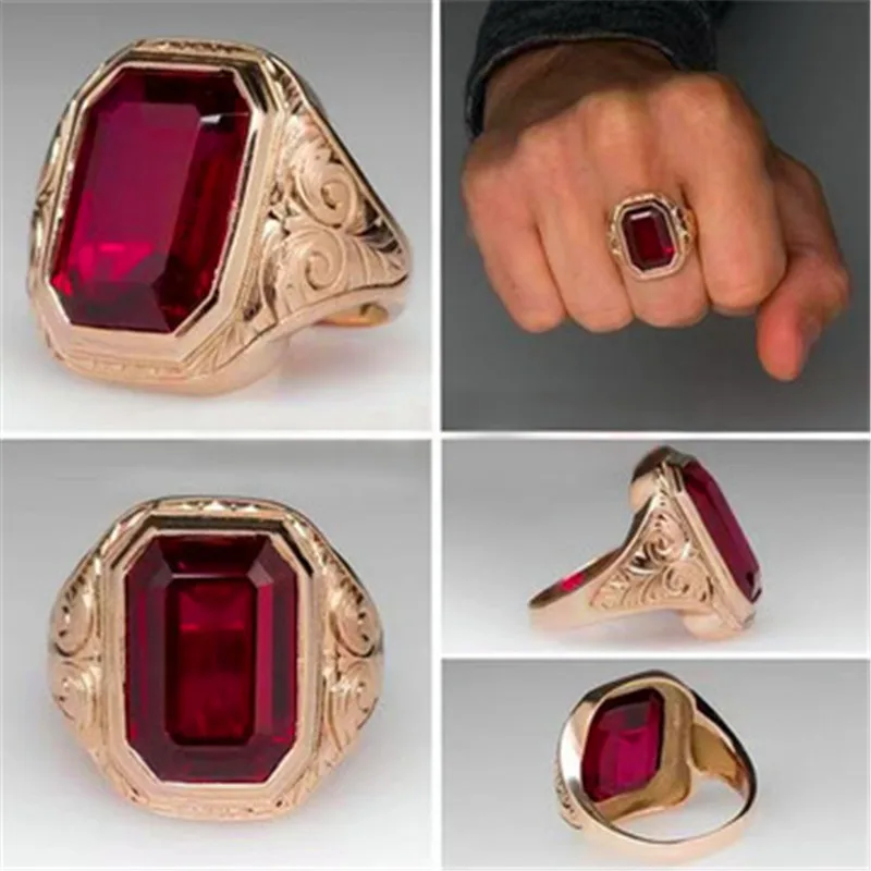 Classic men's gold ring set with red crystal stylish punk style