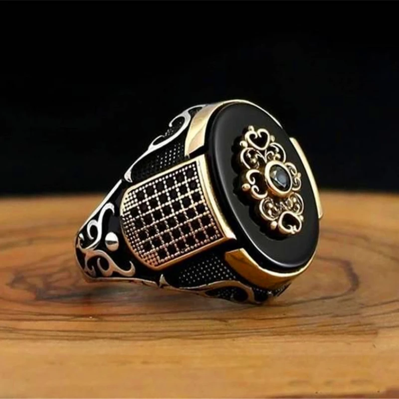 Classic men's gold ring set with red crystal stylish punk style